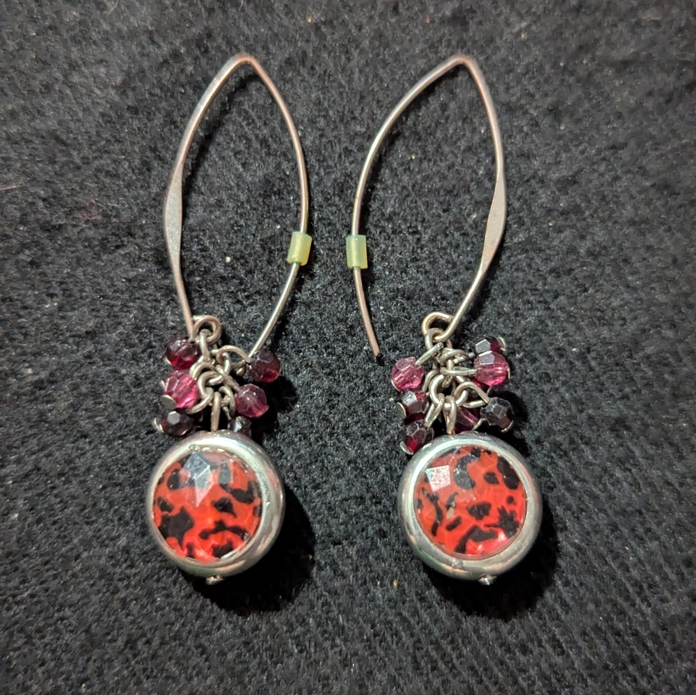 Silver Tone Pink And Black Crystal Beaded Dangle Statement Earrings